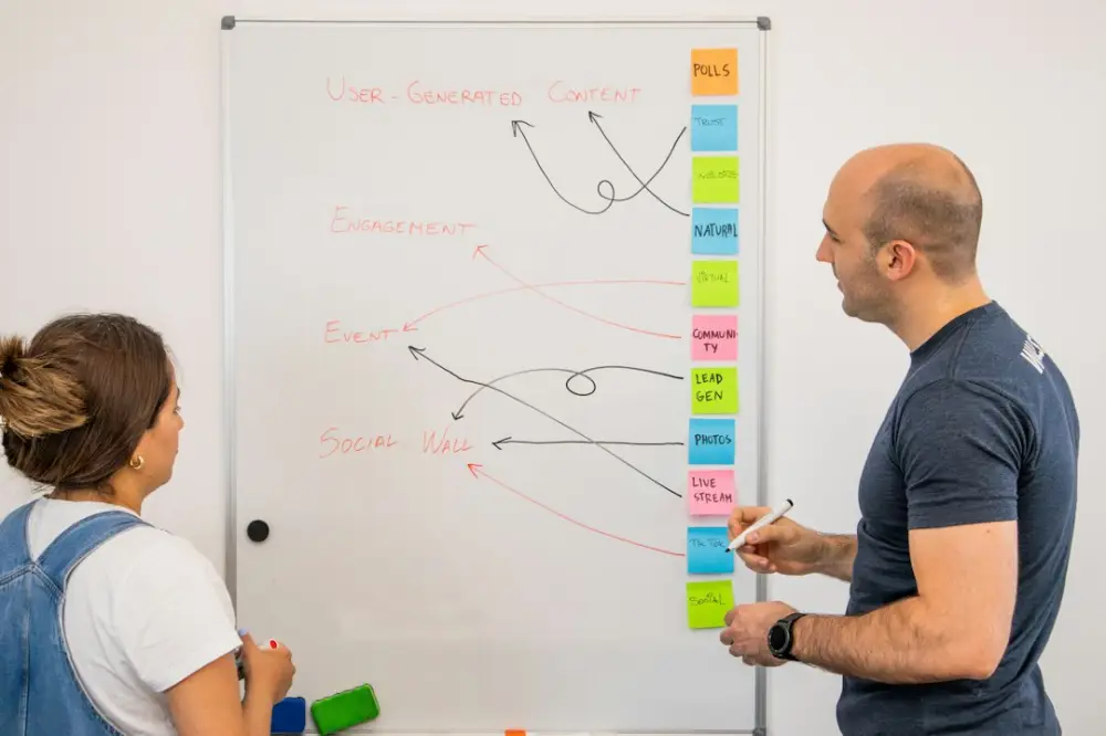 A man and a woman standing in front of a whiteboard, illustrating gameplay prototyping